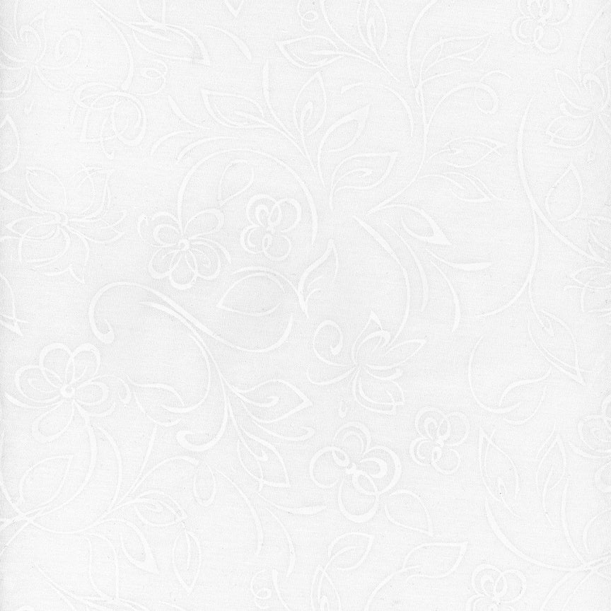 White fabric with a subtle, tonal embossed floral and vine pattern.