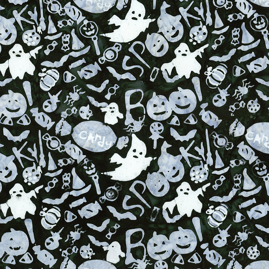 Halloween-themed fabric with ghosts, pumpkins, and candy on a black background