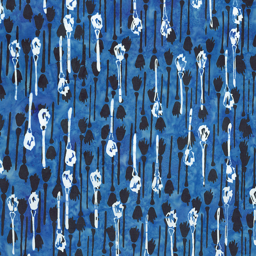 Pattern of black and white broomsticks on a blue background