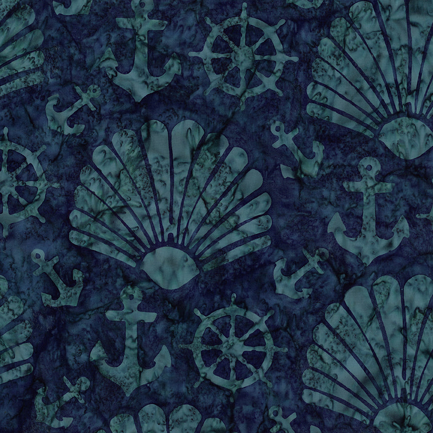 Nautical-themed fabric pattern featuring distressed teal anchors, scallop shells, and ship's wheel motifs on a mottled dark navy and deep blue background.