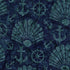 Nautical-themed fabric pattern featuring distressed teal anchors, scallop shells, and ship's wheel motifs on a mottled dark navy and deep blue background.