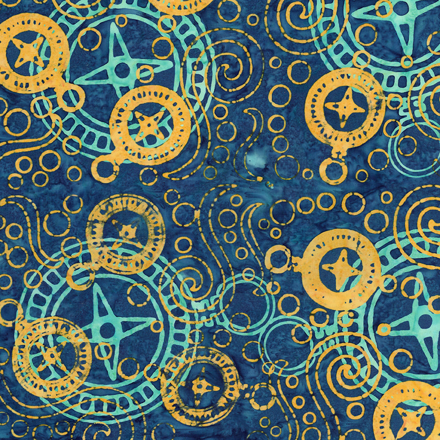 A repeating pattern of vintage-style compass roses and circular swirls in mustard yellow and teal on a textured dark blue background.