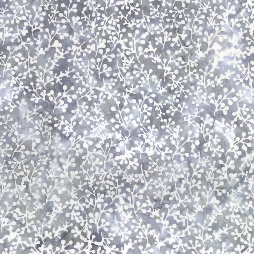 White delicate floral and leafy vine pattern printed on a textured light gray fabric.