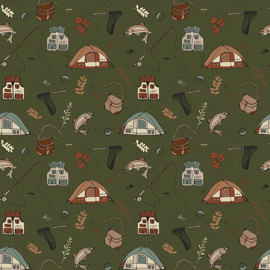 Fabric Riley Blake Forest Gone Fishing Let's Wander Designer Flannel by the Quarter Yard F17504-FOREST
