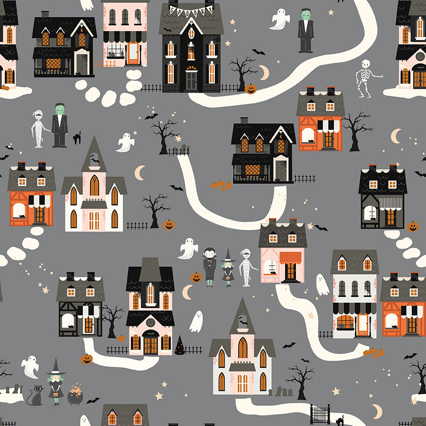 Fabric Riley Blake Gray Houses Frank and Friends by the Quarter Yard C17471-GRAY