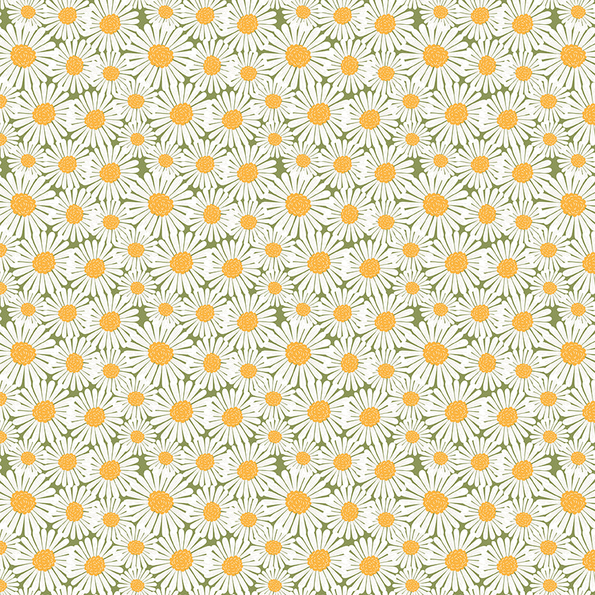 Pattern of white flowers with yellow centers on a green background