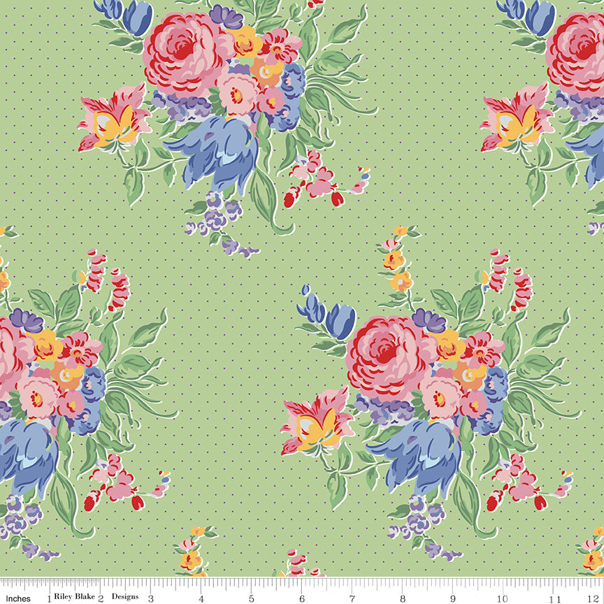 Floral pattern fabric with colorful flowers on a green background