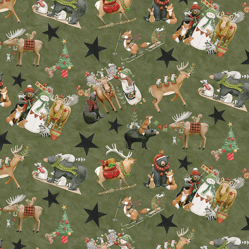 Pattern of Christmas-themed animals and decorations on a green background