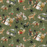 Pattern of Christmas-themed animals and decorations on a green background