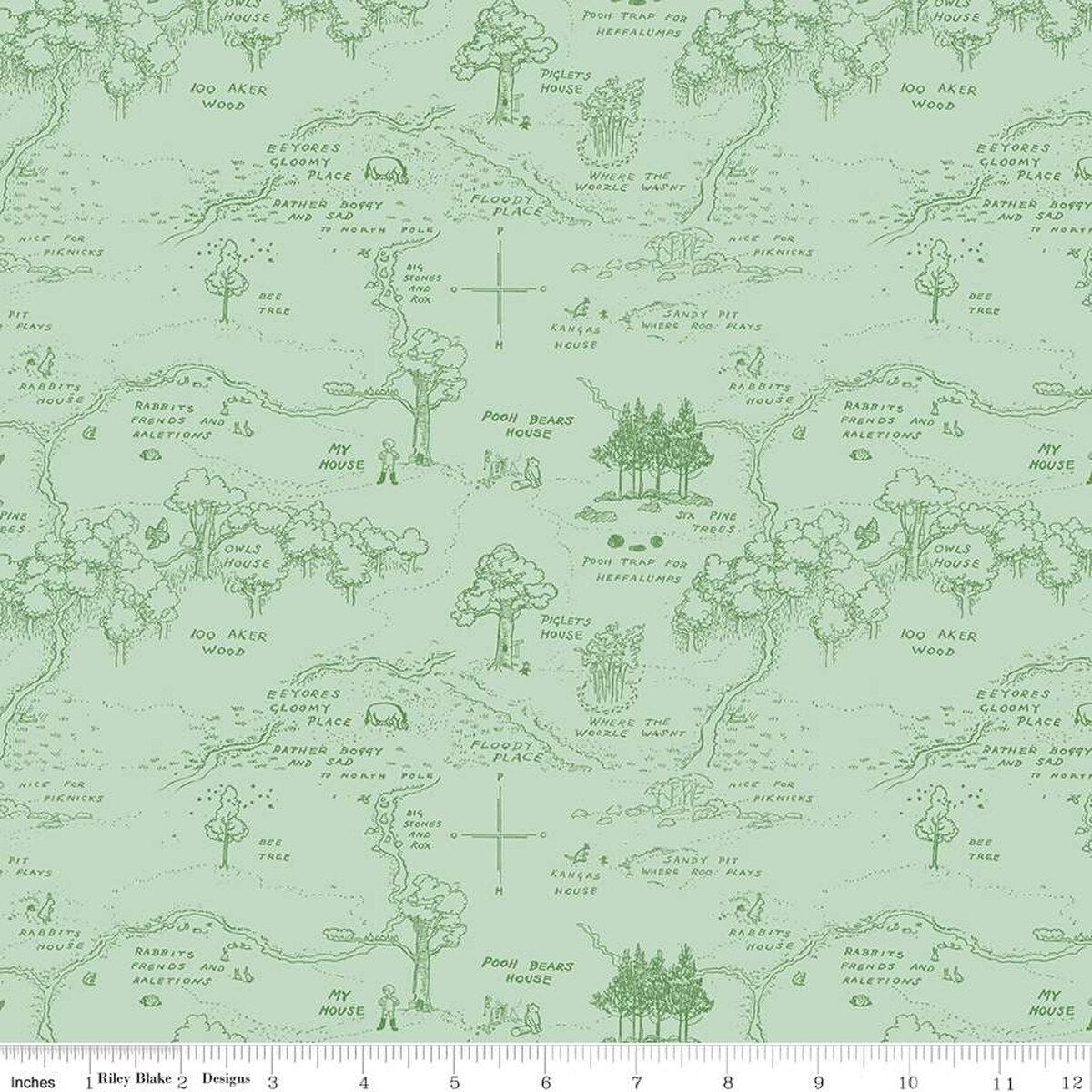 Fabric Riley Blake Green Map Winnie the Pooh by the Quarter Yard C17001-GREEN