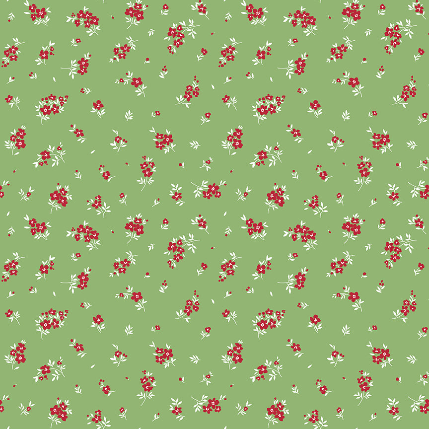 Pattern of red flowers on a green background