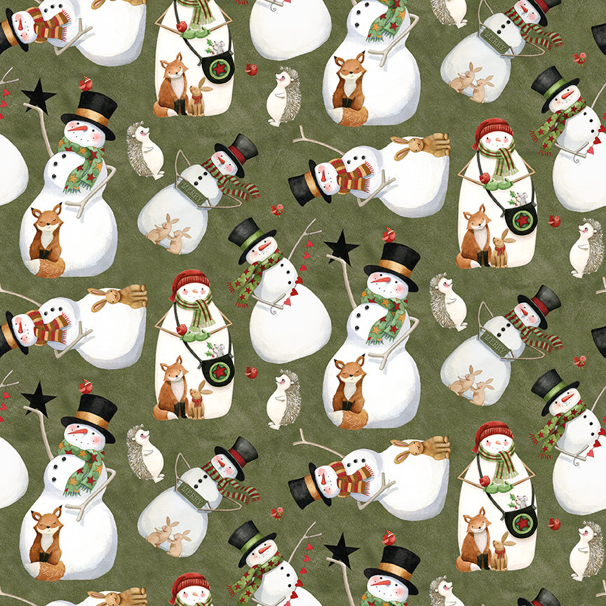 Pattern of snowmen and animals on a green background