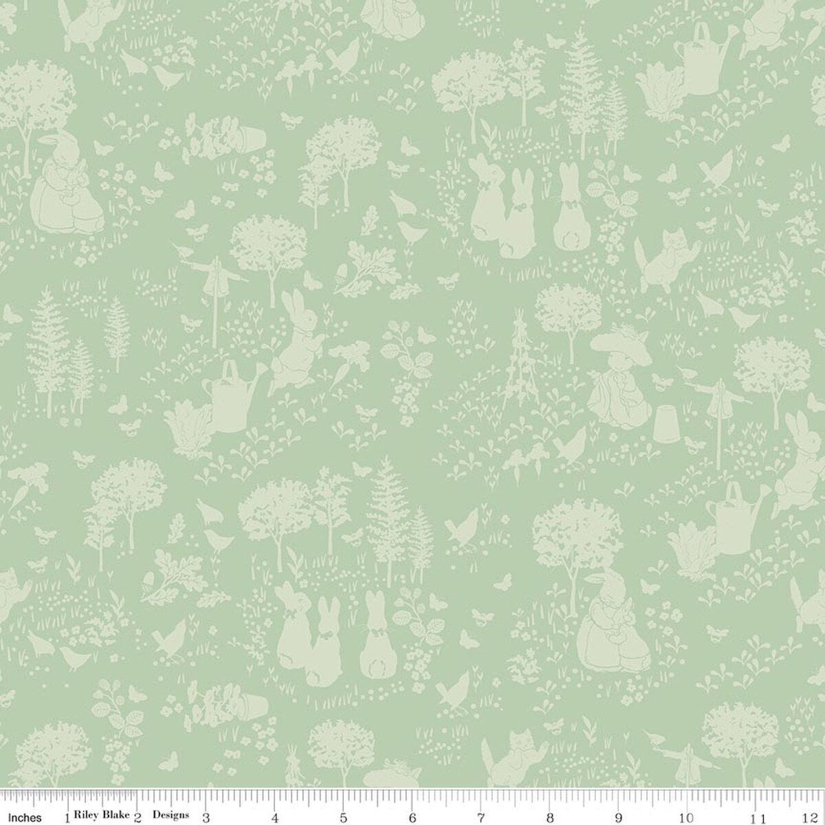 Fabric Riley Blake Green Tonal Garden Peter Rabbit and Benjamin Bunny by the Quarter Yard C17251-GREEN