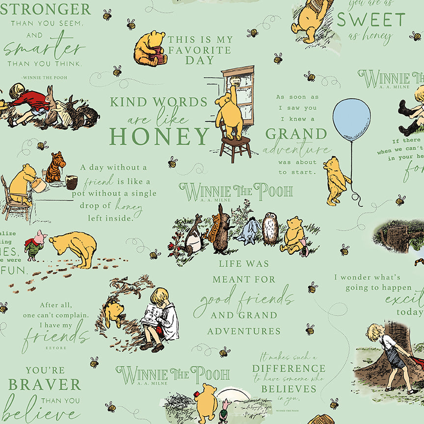 Fabric Riley Blake Green Winnie the Pooh Quotes Designer Flannel by the Quarter Yard F17502-GREEN