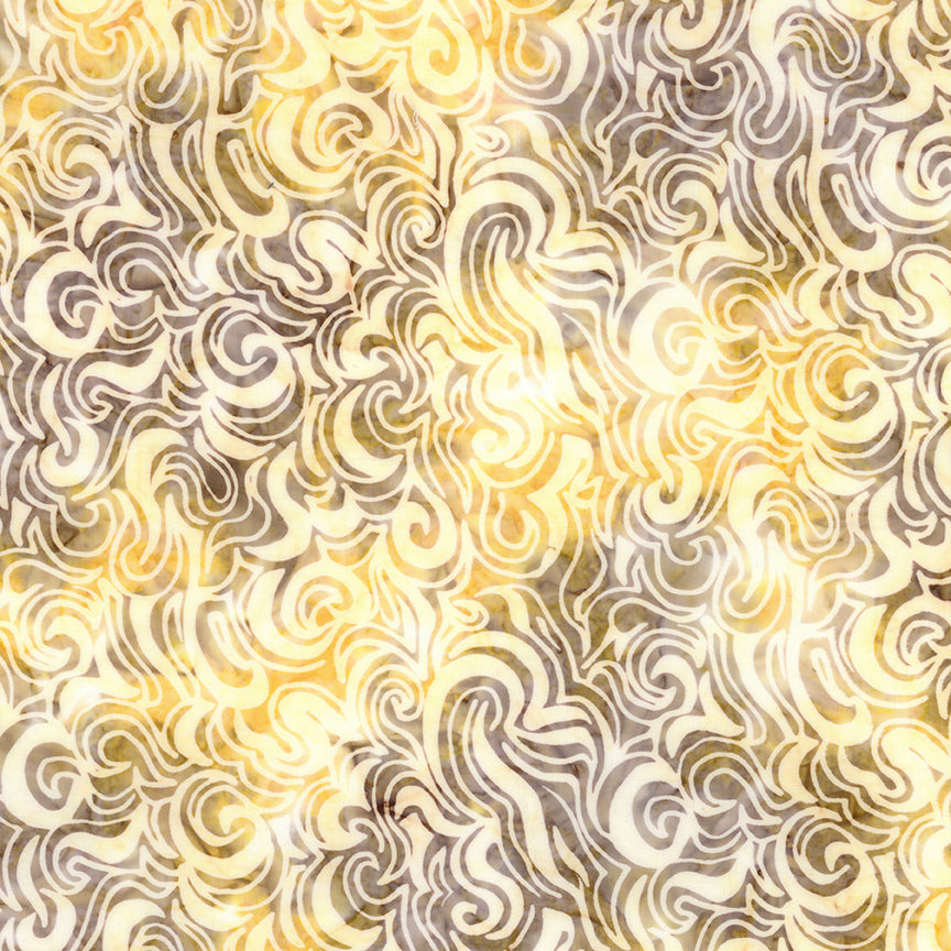 A close-up of a repeating abstract swirl pattern in warm yellow, beige, and taupe-gray tones.