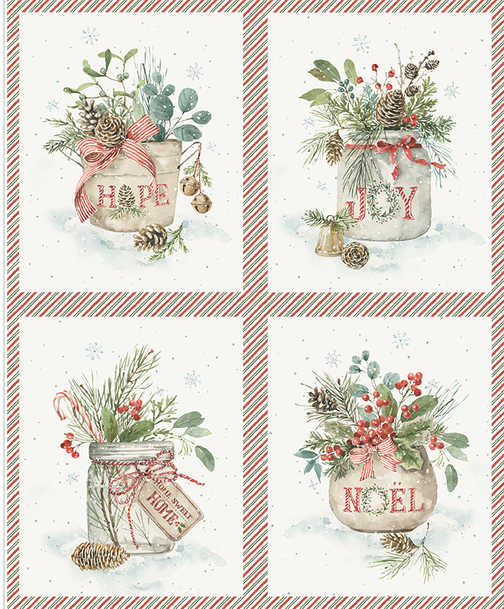 Four Christmas-themed mason jar designs with 'Hope', 'Joy', and 'Noel' text on a striped background.