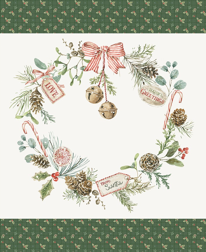 Christmas-themed design with wreaths, ribbons, and candy canes on a green and white background.