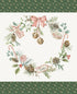 Christmas-themed design with wreaths, ribbons, and candy canes on a green and white background.