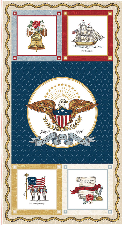 Decorative panel with American flag, eagle emblem, and historical illustrations on a blue background.