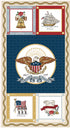 Decorative panel with American flag, eagle emblem, and historical illustrations on a blue background.
