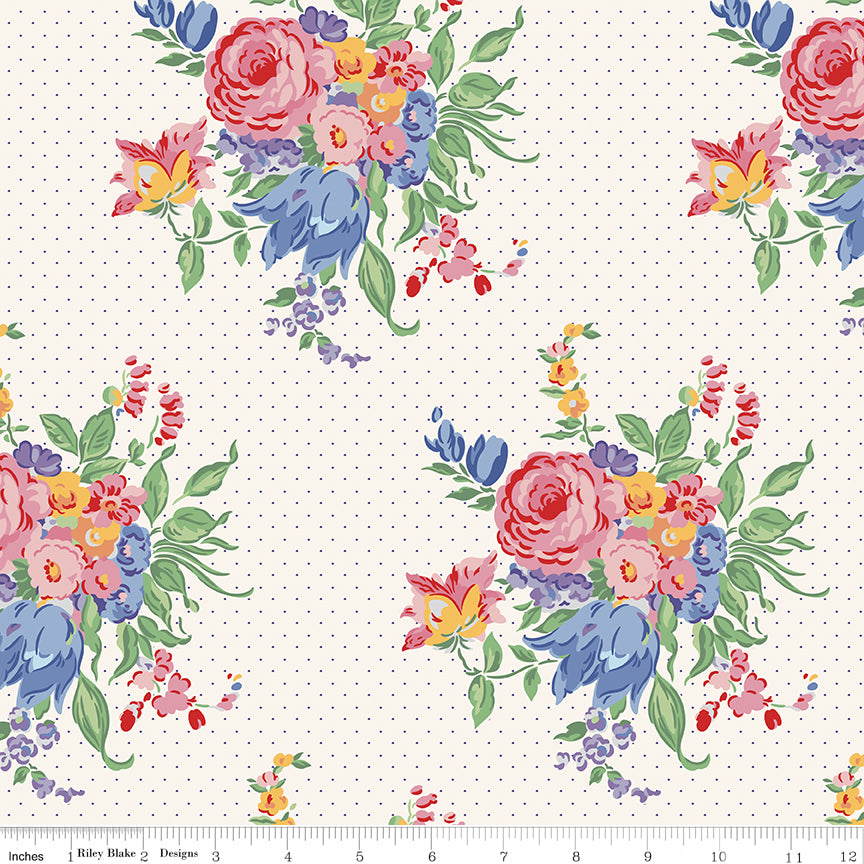 Floral pattern with pink, blue, and yellow flowers on a white background