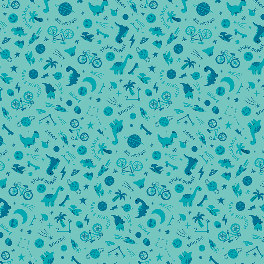 Teal patterned background with various icons and text on a teal background