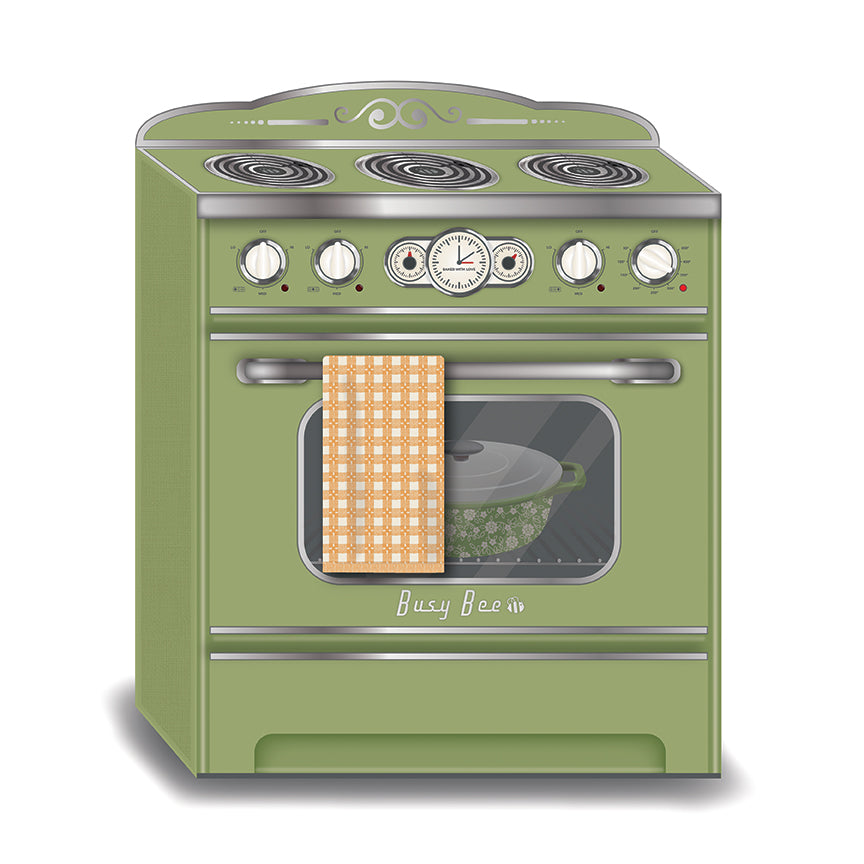 Green vintage-style oven with a towel hanging on the door handle on a white background