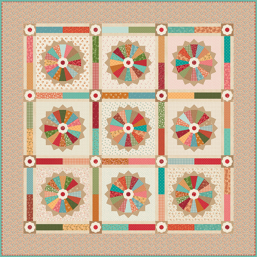 Quilt with colorful geometric pattern on a beige background