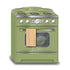 Green vintage-style oven with a towel hanging on the door handle on a white background