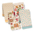 Four cotton kitchen tea towels with various vintage-style patterns, including floral, geometric, and folk art motifs, arranged in an overlapping fan shape on a white background.