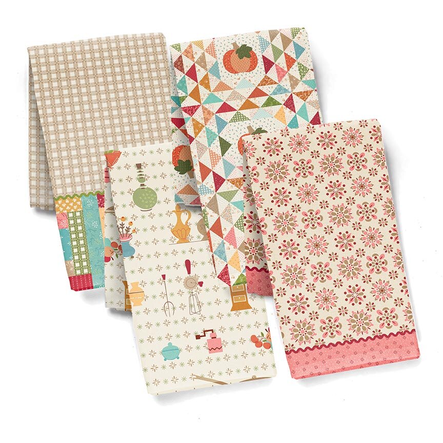 Set of five patterned kitchen towels on a white background