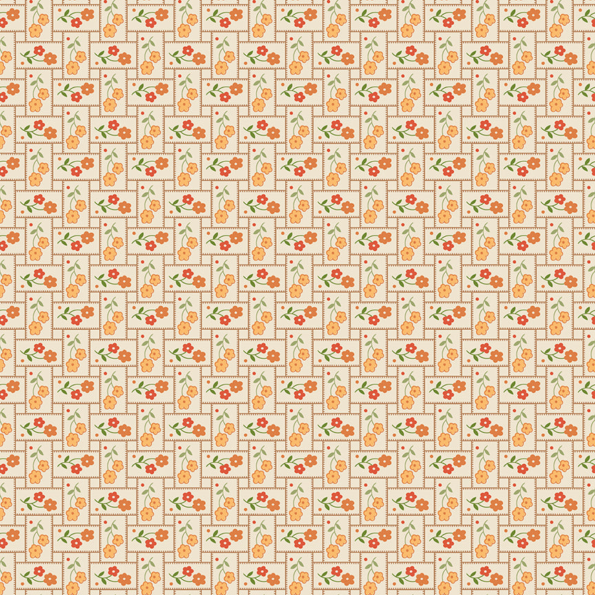Pattern of small flowers and geometric shapes on a beige background