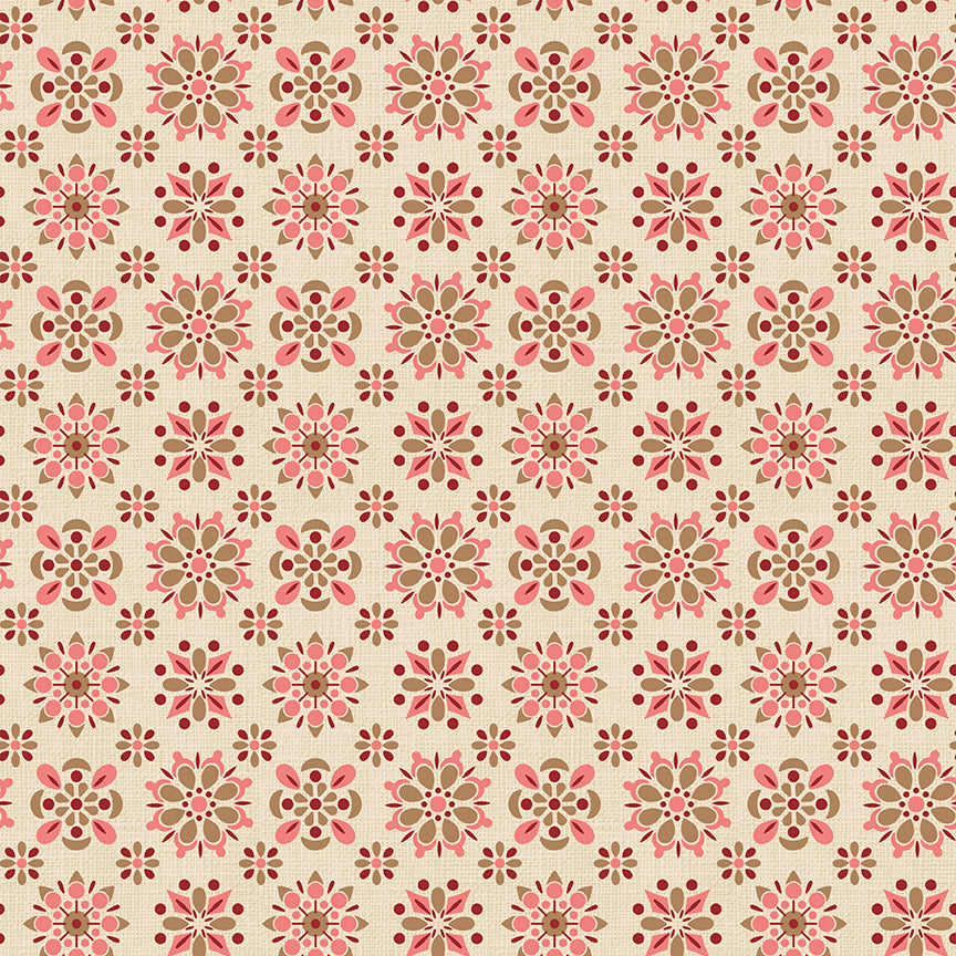 Patterned fabric with pink and red floral design on a beige background