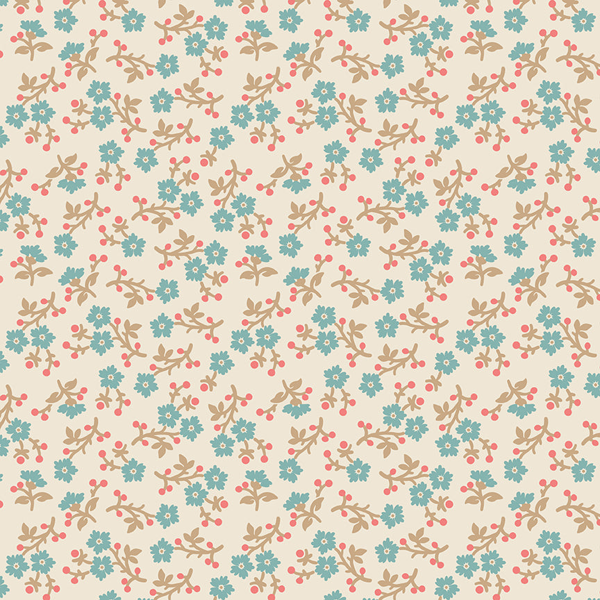 Pattern of small flowers and leaves on a beige background