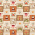 Patterned fabric with farm-themed designs including chickens, flowers, and houses on a beige background.