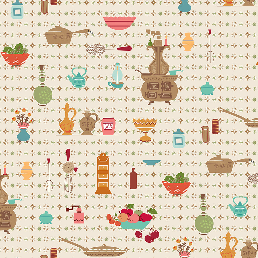 Patterned fabric with kitchenware and food items on a beige background