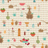 Patterned fabric with kitchenware and food items on a beige background
