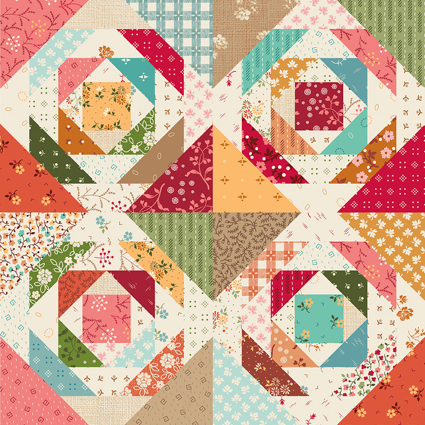 Colorful quilt pattern with geometric shapes and floral designs