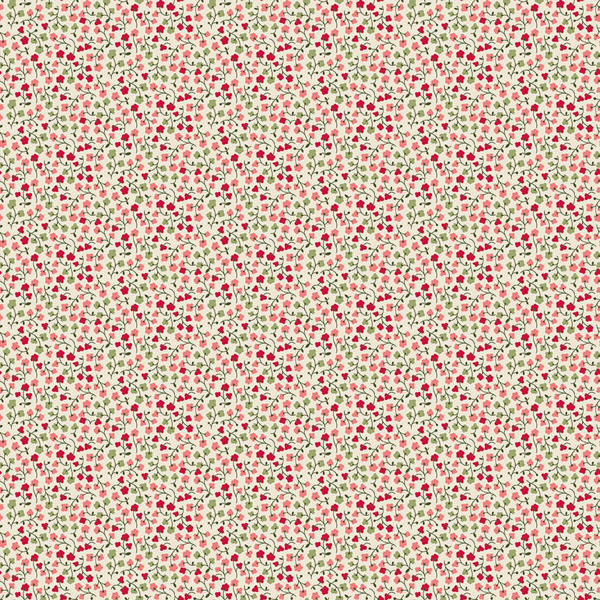 Floral pattern with small red flowers on a light beige background