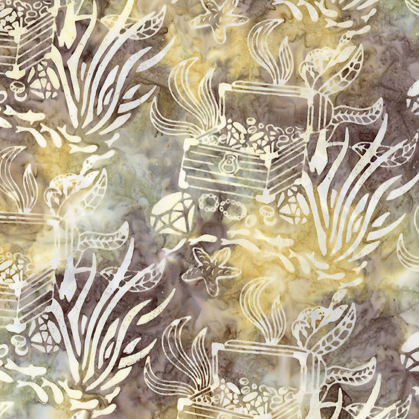 A repeating decorative pattern featuring white line-art illustrations of treasure chests, sea creatures, and coral-like shapes over a mottled background of beige, gray, and muted gold tones.