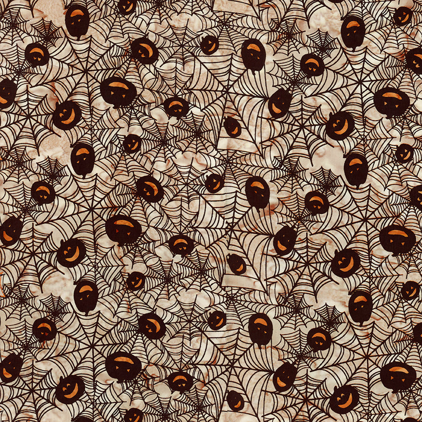 Halloween-themed pattern with pumpkins and spider webs on a beige background