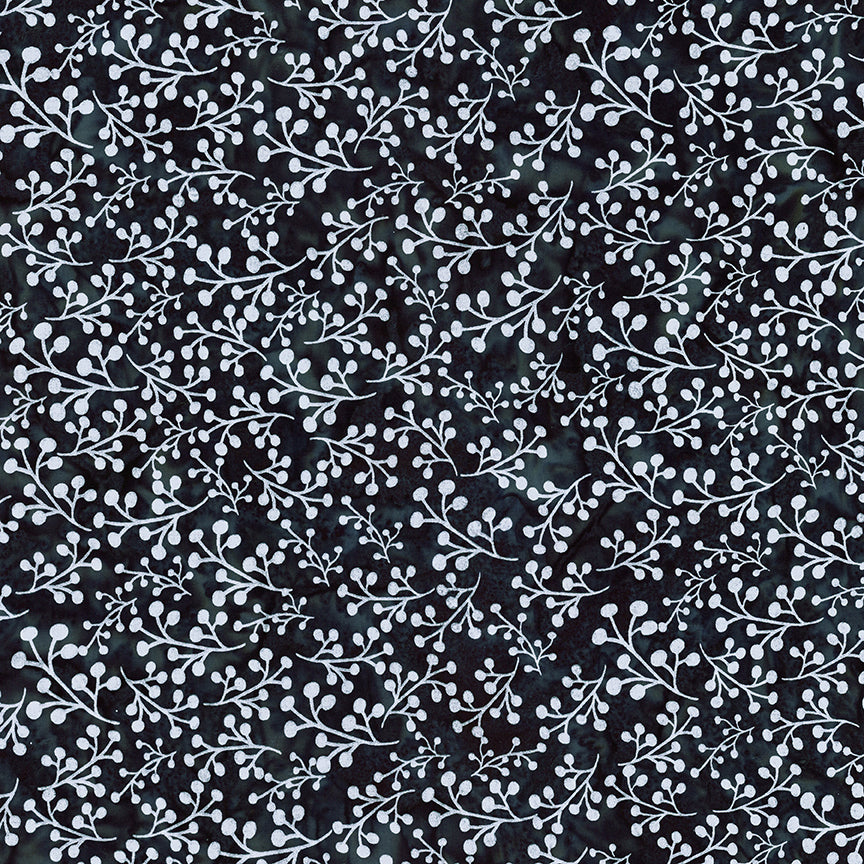 A close-up of a repeating botanical pattern featuring delicate white leafy branches and small oval leaves over a dark navy blue background.