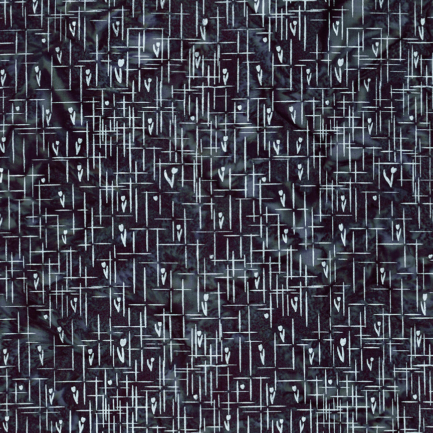 A close-up of a dark navy and black patterned fabric featuring a repeating abstract design of small white teardrop-like shapes and intersecting lines.