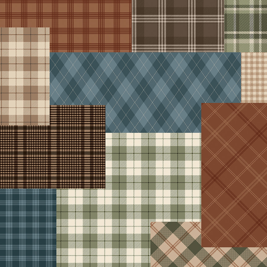 Patchwork pattern with various plaid fabrics in a grid layout