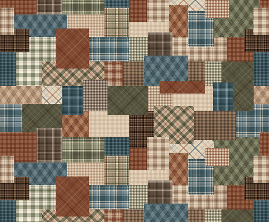 A patchwork pattern of rectangular fabric swatches in earthy tones including brown, beige, blue, green, and gray, arranged in a quilt-like collage with plaid, argyle, and check designs.