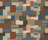 A patchwork pattern of rectangular fabric swatches in earthy tones including brown, beige, blue, green, and gray, arranged in a quilt-like collage with plaid, argyle, and check designs.