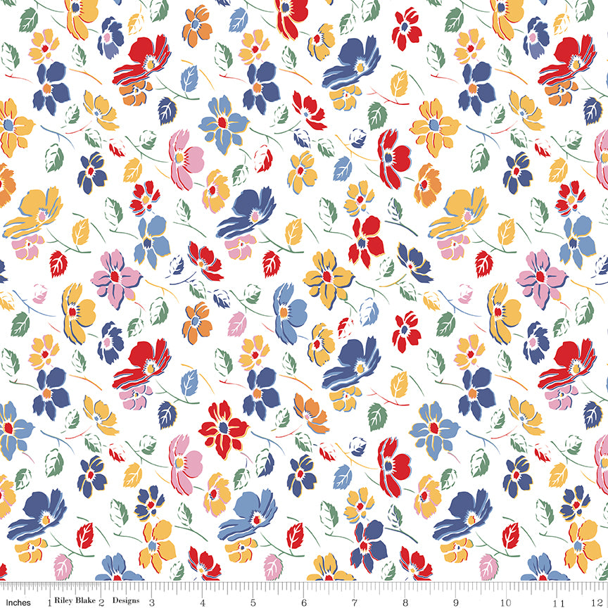 Colorful floral pattern on a white background with a fabric swatch at the bottom.