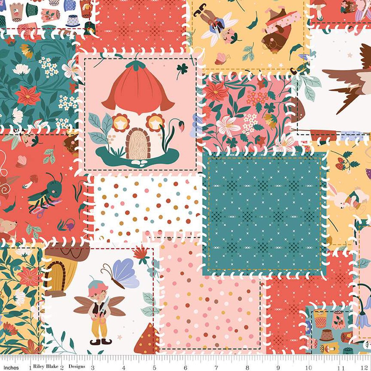 Fabric Riley Blake Multi Handsewn Patchwork Thimbelina & the Sewing Fairies by the Quarter Yard CD16866-MULTI