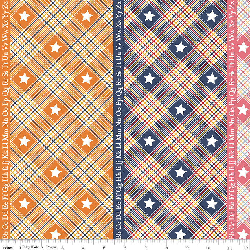 Fabric with star and plaid pattern, featuring orange, blue, and pink colors.