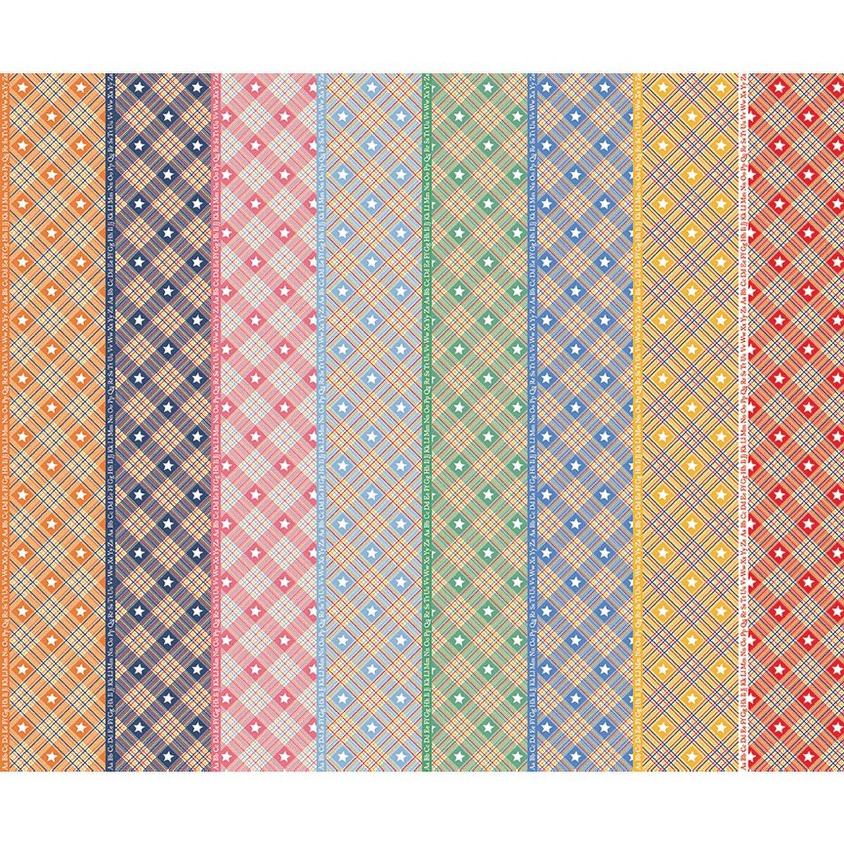 A colorful striped fabric pattern featuring vertical bands of orange, navy, pink, light blue, green, mustard yellow, and red with geometric diamond and lattice designs.